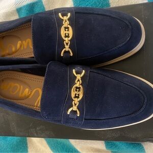 Navy Blue Suede Loafers with Gold Accent